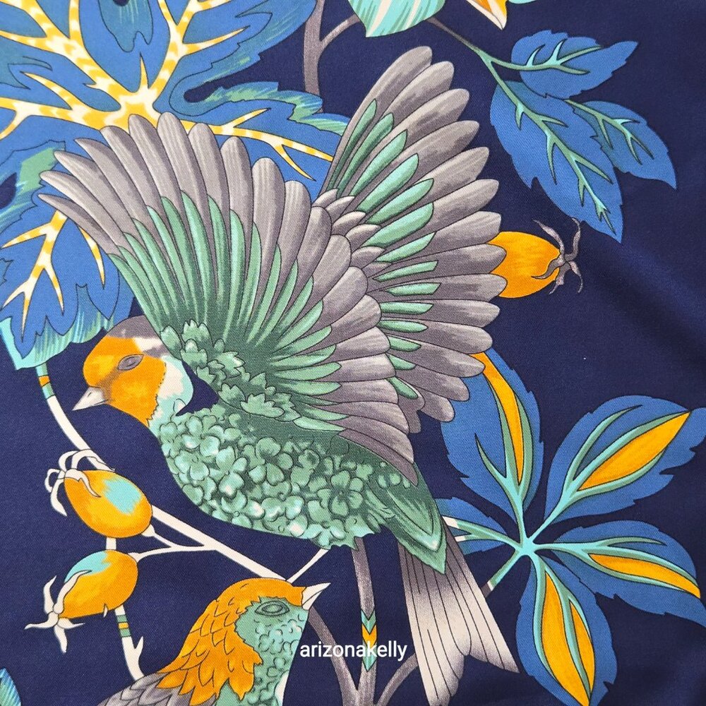 HUGE Silk Wrap Scarf Birds Blue Yellow - Picture 7 of 13